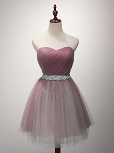 Graceful Pink A-line Sweetheart Sleeveless Tulle Mini Length Lace Up Beading and Ruching Bridesmaid Gown