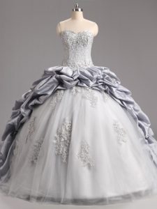 Superior Silver Taffeta and Tulle Lace Up Quince Ball Gowns Sleeveless Brush Train Beading and Appliques and Pick Ups