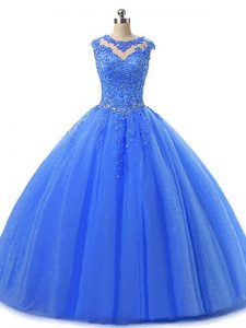 Beading and Lace Quinceanera Gowns Blue Lace Up Sleeveless Floor Length