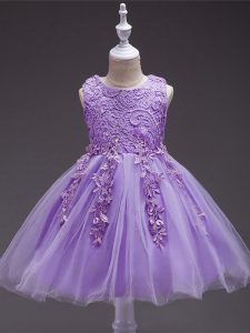 Lavender Ball Gowns Appliques Flower Girl Dresses for Less Zipper Tulle Sleeveless Knee Length