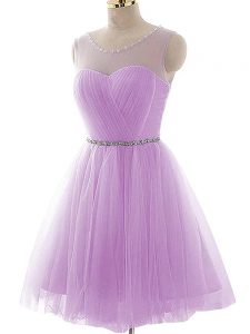Unique Tulle Sleeveless Mini Length Junior Homecoming Dress and Beading and Ruching