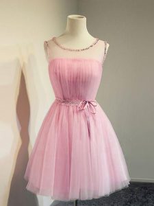 Low Price Rose Pink Sleeveless Knee Length Belt Lace Up Bridesmaid Gown
