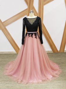 Dazzling Pink And Black Empire Tulle Scoop Long Sleeves Lace and Appliques and Sashes ribbons Zipper Ball Gown Prom Dres
