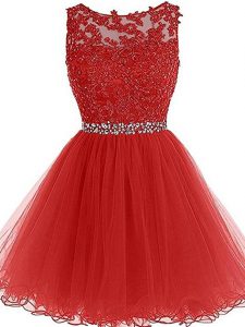 Adorable Sleeveless Mini Length Beading and Lace and Appliques Zipper Party Dress with Red