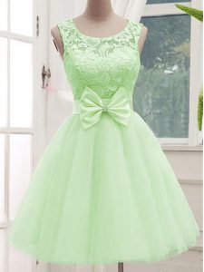 Glittering Sleeveless Lace Up Knee Length Lace and Bowknot Bridesmaids Dress