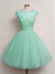 High Class Cap Sleeves Tulle Knee Length Lace Up Bridesmaid Dress in Apple Green with Lace