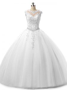 Ball Gowns Sweet 16 Dresses White Scoop Tulle Sleeveless Floor Length Lace Up