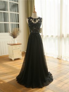 Lace and Appliques Dress for Prom Black Zipper Sleeveless Floor Length
