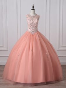 Sleeveless Floor Length Beading Zipper Quinceanera Gown with Peach