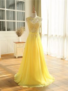 Floor Length Yellow Juniors Evening Dress Scoop Sleeveless Zipper