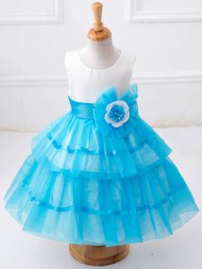 Tea Length Ball Gowns Sleeveless Baby Blue Flower Girl Dress Zipper