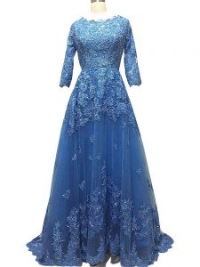 Nice Empire 3 4 Length Sleeve Blue Prom Dresses Brush Train Zipper