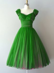 Suitable Green V-neck Neckline Ruching Quinceanera Dama Dress Cap Sleeves Lace Up
