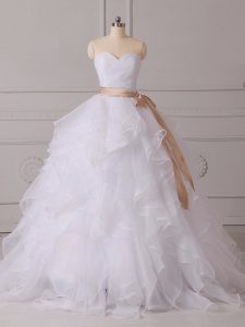 Edgy Sleeveless Brush Train Beading and Ruffles and Sashes ribbons Lace Up Wedding Dress