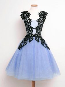 Modest Knee Length Light Blue Wedding Party Dress Tulle Sleeveless Lace
