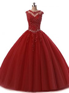 Customized Wine Red Sweet 16 Dresses Military Ball and Sweet 16 and Quinceanera with Beading and Lace Scoop Sleeveless L