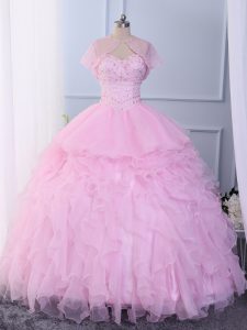 Colorful Pink Organza Lace Up Vestidos de Quinceanera Sleeveless Floor Length Beading and Ruffles