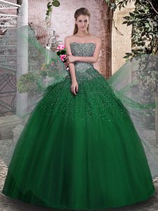 Cheap Floor Length Lace Up 15 Quinceanera Dress Dark Green for Military Ball and Sweet 16 and Quinceanera with Beading