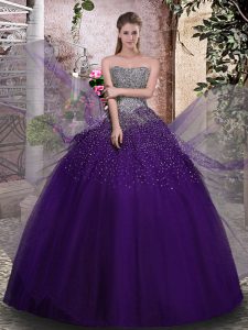 Super Purple Lace Up Strapless Beading Quinceanera Dress Tulle Sleeveless