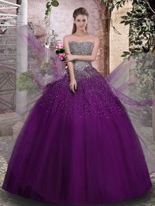 Colorful Purple Tulle Lace Up Sweet 16 Dress Sleeveless Floor Length Beading