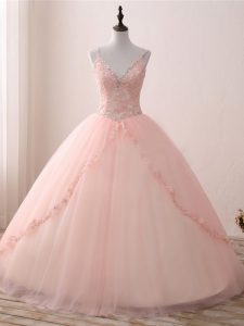 Floor Length Pink Sweet 16 Dresses V-neck Sleeveless Lace Up