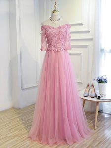 Beading and Lace and Appliques Mother Of The Bride Dress Pink Lace Up 3 4 Length Sleeve Floor Length