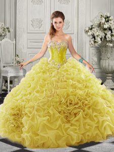 Flare Court Train Ball Gowns Ball Gown Prom Dress Yellow Sweetheart Organza Sleeveless Lace Up