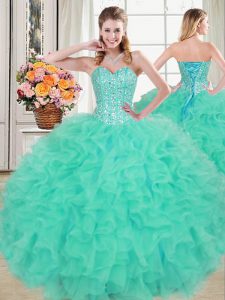 Shining Turquoise Ball Gowns Beading and Ruffles Quinceanera Dresses Lace Up Organza Sleeveless Floor Length