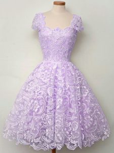 Knee Length Lace Up Quinceanera Court of Honor Dress Lavender for Prom and Party and Wedding Party with Lace