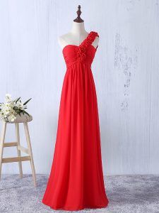 Fancy One Shoulder Sleeveless Bridesmaids Dress Floor Length Hand Made Flower Red Chiffon