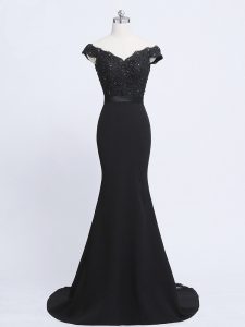 Exceptional Lace and Appliques and Belt Going Out Dresses Black Zipper Sleeveless Brush Train