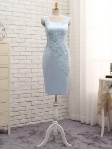 Unique Light Blue Satin Zipper Straps Sleeveless Mini Length Mother Of The Bride Dress Lace and Appliques