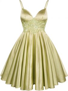 Olive Green Lace Up Spaghetti Straps Lace Bridesmaid Gown Elastic Woven Satin Sleeveless