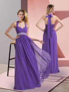 Purple Chiffon Side Zipper Prom Evening Gown Sleeveless Floor Length Beading and Ruching