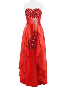 Sweetheart Sleeveless Zipper Homecoming Dress Coral Red Elastic Woven Satin