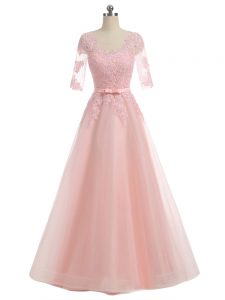 Pink A-line Organza Scoop Short Sleeves Lace and Appliques Floor Length Zipper Prom Party Dress