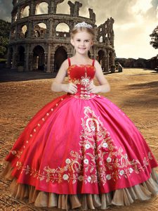 Hot Pink Lace Up Kids Pageant Dress Embroidery Sleeveless Floor Length