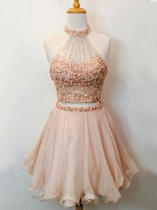 Pretty Sleeveless Knee Length Beading Lace Up Dama Dress with Champagne