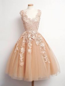 Lovely Knee Length Champagne Bridesmaid Dress Tulle Sleeveless Lace