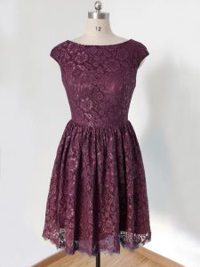Dark Purple Lace Up Scoop Lace Wedding Guest Dresses Lace Cap Sleeves