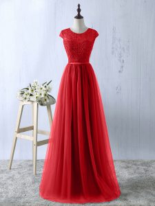 Red A-line Tulle Scoop Short Sleeves Lace Floor Length Zipper Prom Dresses