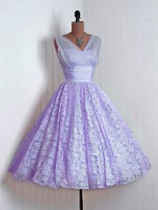 V-neck Sleeveless Lace Up Wedding Guest Dresses Lavender Lace