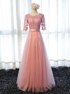 Unique Half Sleeves Floor Length Lace Lace Up Quinceanera Dama Dress with Pink
