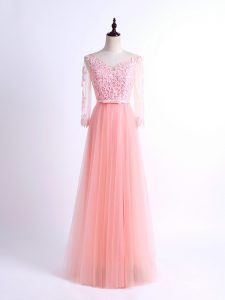 Pink Empire Tulle V-neck Half Sleeves Lace Floor Length Lace Up Vestidos de Damas