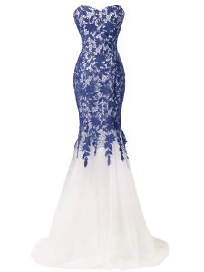 Lace Up Going Out Dresses Blue And White for Prom and Military Ball and Beach with Lace and Appliques Brush Train