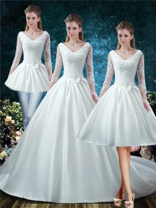 High Class White Wedding Dress V-neck 3 4 Length Sleeve Court Train Lace Up