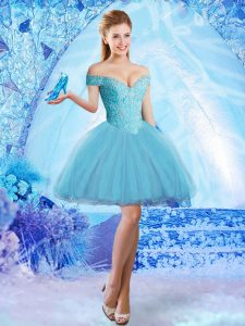 Aqua Blue Lace Up Prom Dress Lace and Appliques Sleeveless Mini Length