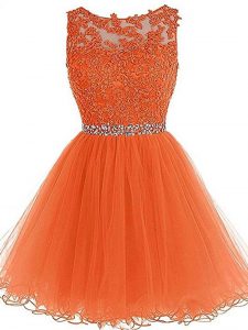 High Class Scoop Sleeveless Winning Pageant Gowns Mini Length Beading and Ruffles Orange Tulle