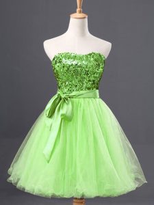 Yellow Green A-line Sashes ribbons and Sequins Prom Evening Gown Zipper Tulle Sleeveless Mini Length