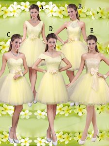 Fabulous Light Yellow A-line V-neck Sleeveless Tulle Knee Length Lace Up Lace and Belt Bridesmaids Dress